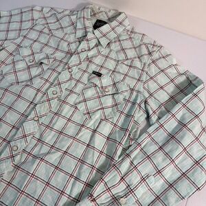 Southern Thread Mens Medium Western Snap Shirt Blue Red Plaid Frayed Hem Cotton